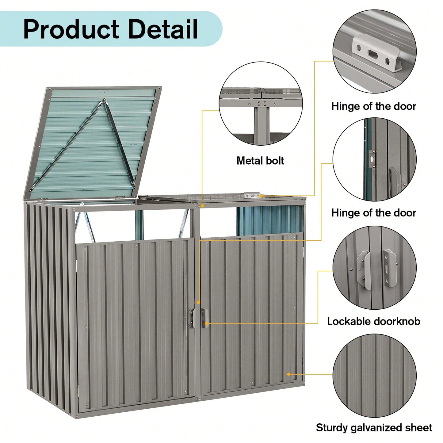 Metal Outdoor Garbage Bin Shed for 2 Trash Cans Galvanized Steel Storage Solution Grey