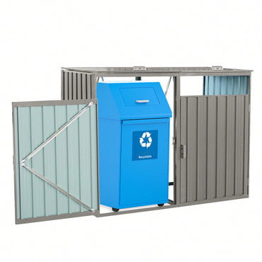 Metal Outdoor Garbage Bin Shed for 2 Trash Cans Galvanized Steel Storage Solution Grey