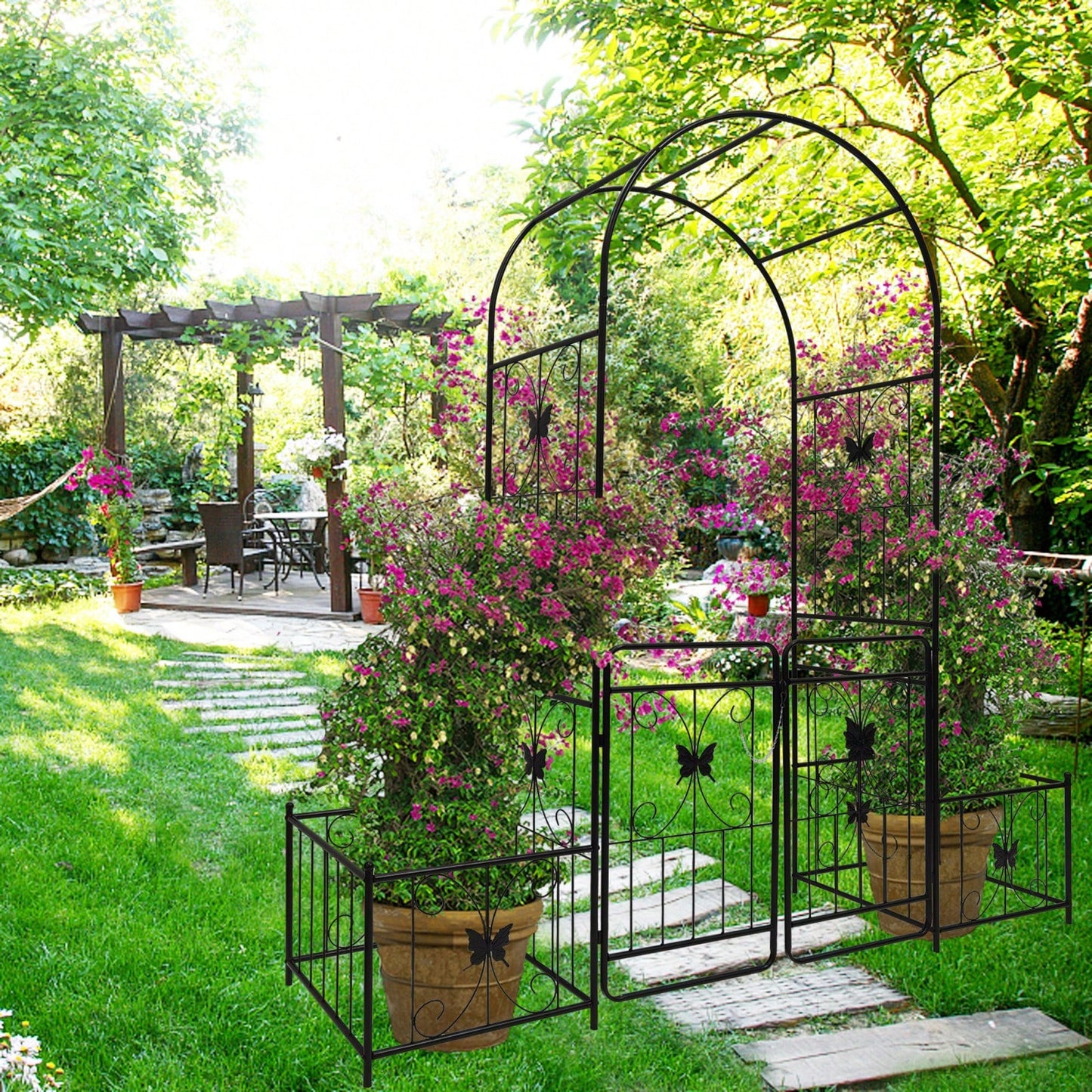 Metal Garden Arch With Gate 79.5'' Wide X 86.6'' High Climbing Plants Support Rose Arch Outdoor Black