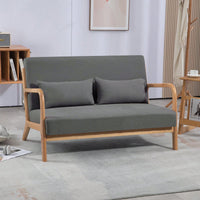 Mid-Century Modern 2-Seat Leisure Chair with Solid Wood Armrests High-Density Sponge Linen Fabric Accent Sofa for Living Room Bedroom