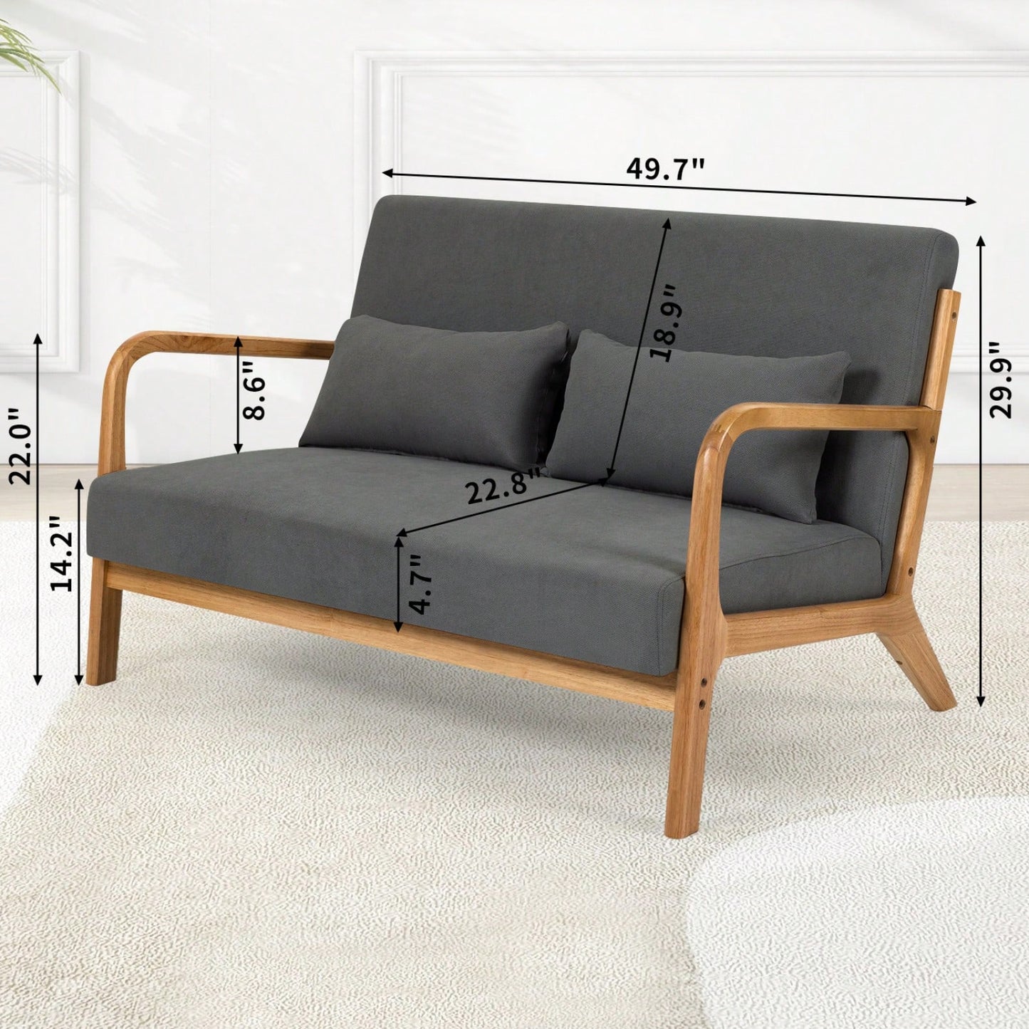 Mid-Century Modern 2-Seat Leisure Chair with Solid Wood Armrests High-Density Sponge Linen Fabric Accent Sofa for Living Room Bedroom