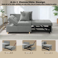 4-In-1 Convertible Sofa Bed With Adjustable Back, 2 Pillows, High Density Foam, Linen Fabric, Space Saving, Storage Pocket