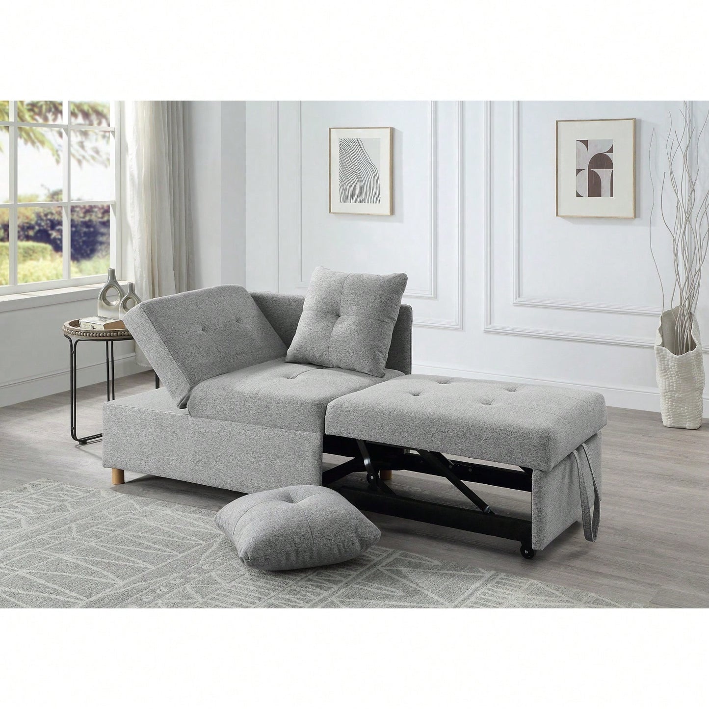 4-In-1 Convertible Sofa Bed With Adjustable Back, 2 Pillows, High Density Foam, Linen Fabric, Space Saving, Storage Pocket