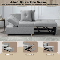 4-In-1 Convertible Sofa Bed With Adjustable Back, 2 Pillows, High Density Foam, Linen Fabric, Space Saving, Storage Pocket