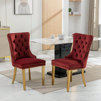 Modern Velvet Upholstered Dining Chair With Golden Stainless Steel Legs, Nailhead Trim, Set Of 2, Wine Red And Gold