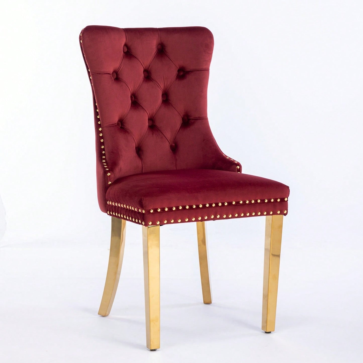 Modern Velvet Upholstered Dining Chair With Golden Stainless Steel Legs, Nailhead Trim, Set Of 2, Wine Red And Gold