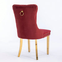 Modern Velvet Upholstered Dining Chair With Golden Stainless Steel Legs, Nailhead Trim, Set Of 2, Wine Red And Gold