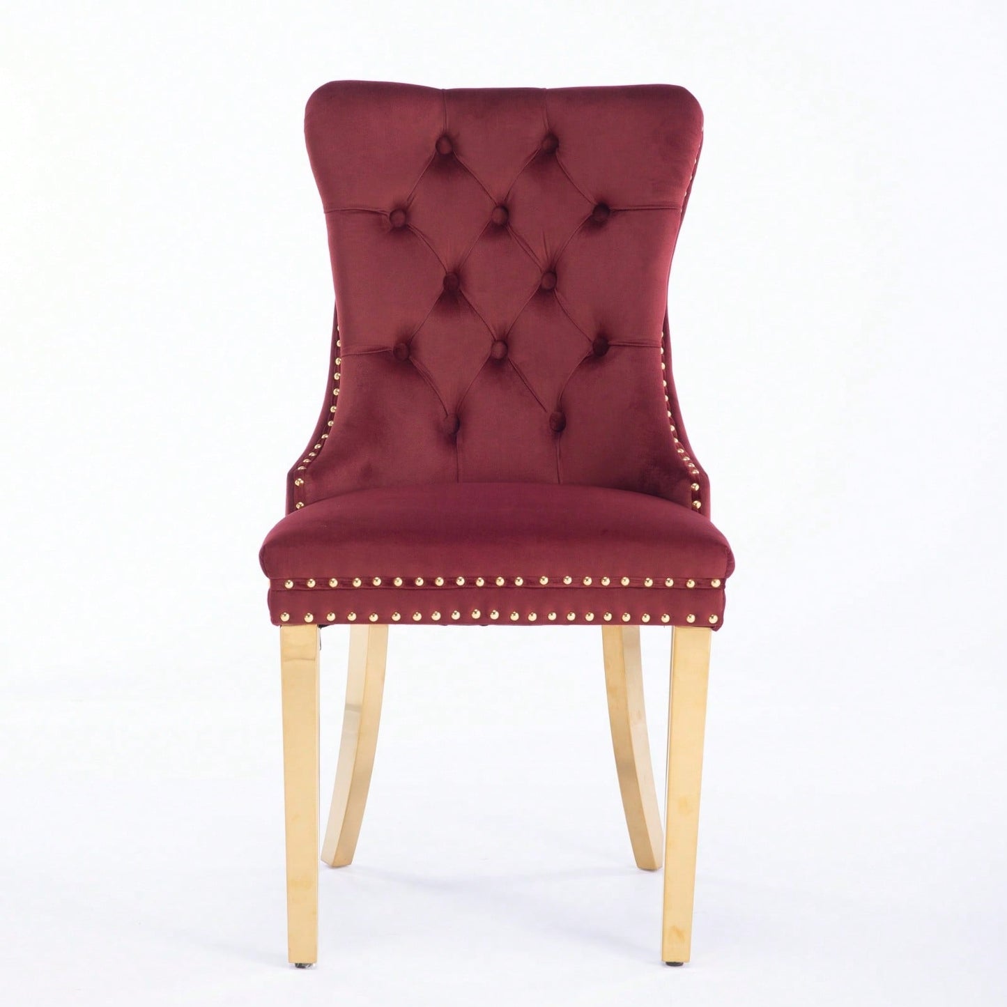 Modern Velvet Upholstered Dining Chair With Golden Stainless Steel Legs, Nailhead Trim, Set Of 2, Wine Red And Gold