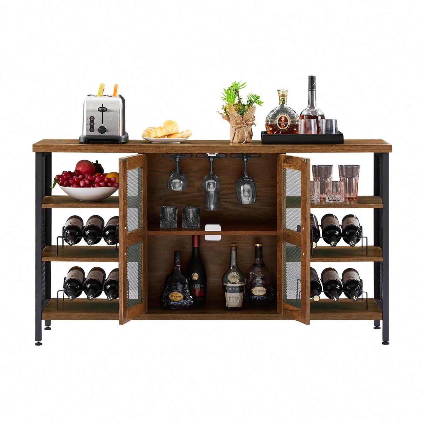 Industrial Wine Bar Cabinet, Liquor Storage Credenza, Sideboard With Wine Racks & Stemware Holder