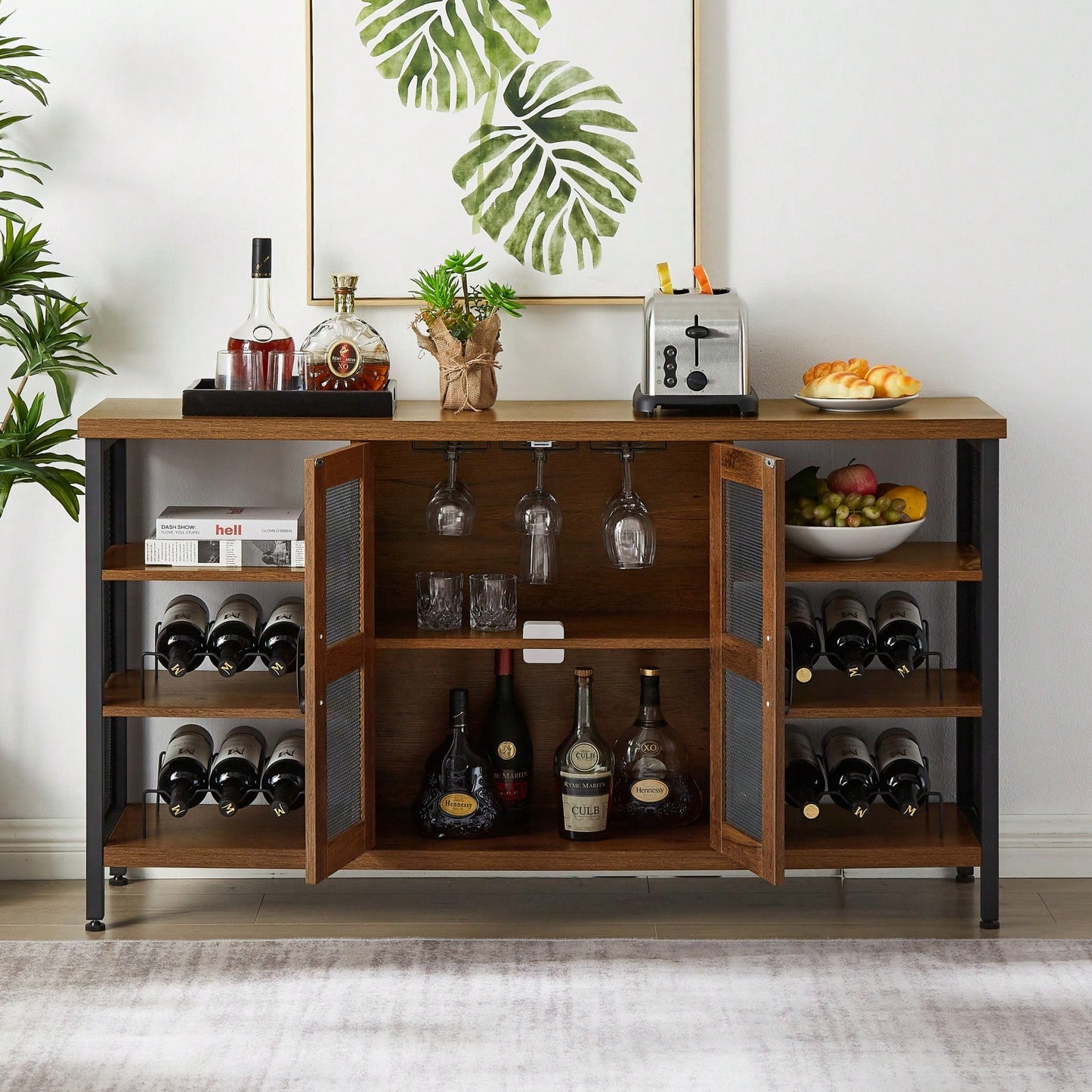 Industrial Wine Bar Cabinet, Liquor Storage Credenza, Sideboard With Wine Racks & Stemware Holder