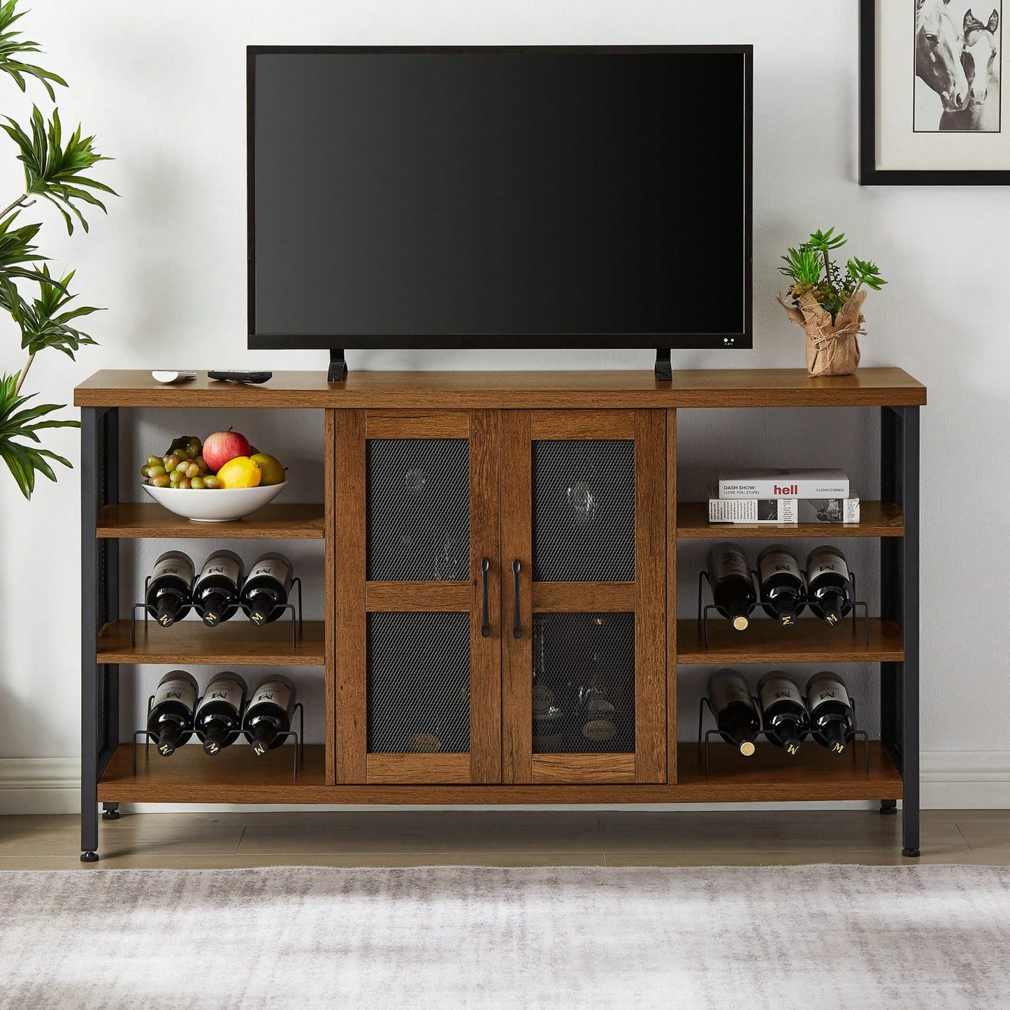 Industrial Wine Bar Cabinet, Liquor Storage Credenza, Sideboard With Wine Racks & Stemware Holder