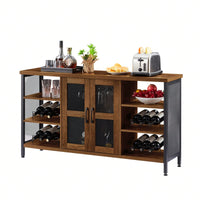 Industrial Wine Bar Cabinet, Liquor Storage Credenza, Sideboard With Wine Racks & Stemware Holder