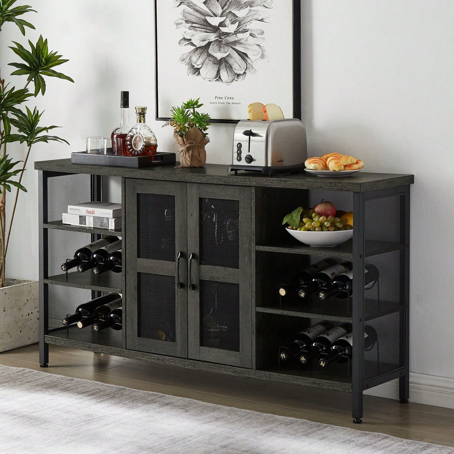 Industrial Wine Bar Cabinet, Liquor Storage Credenza, Sideboard With Wine Racks & Stemware Holder