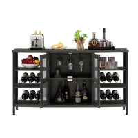 Industrial Wine Bar Cabinet, Liquor Storage Credenza, Sideboard With Wine Racks & Stemware Holder