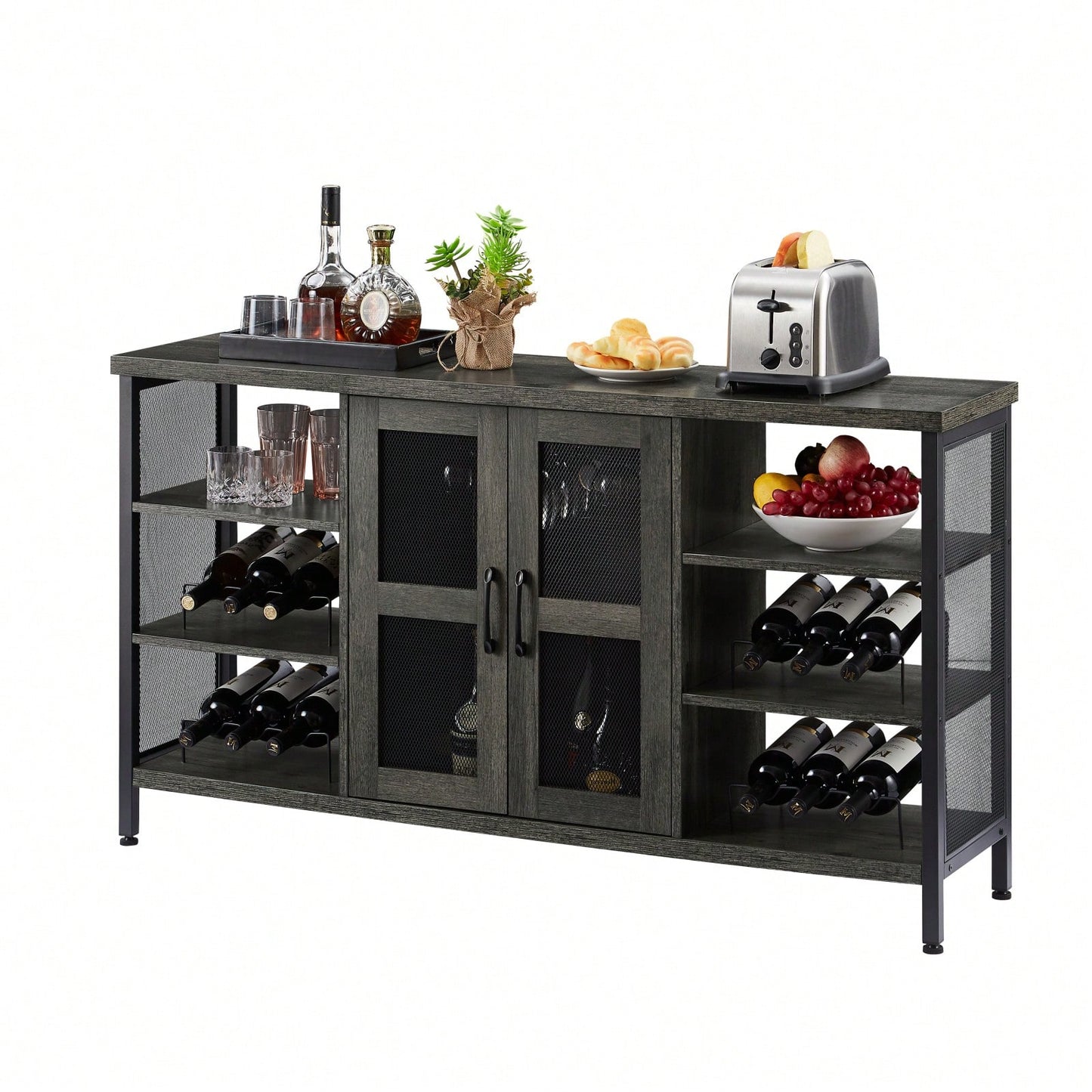 Industrial Wine Bar Cabinet, Liquor Storage Credenza, Sideboard With Wine Racks & Stemware Holder