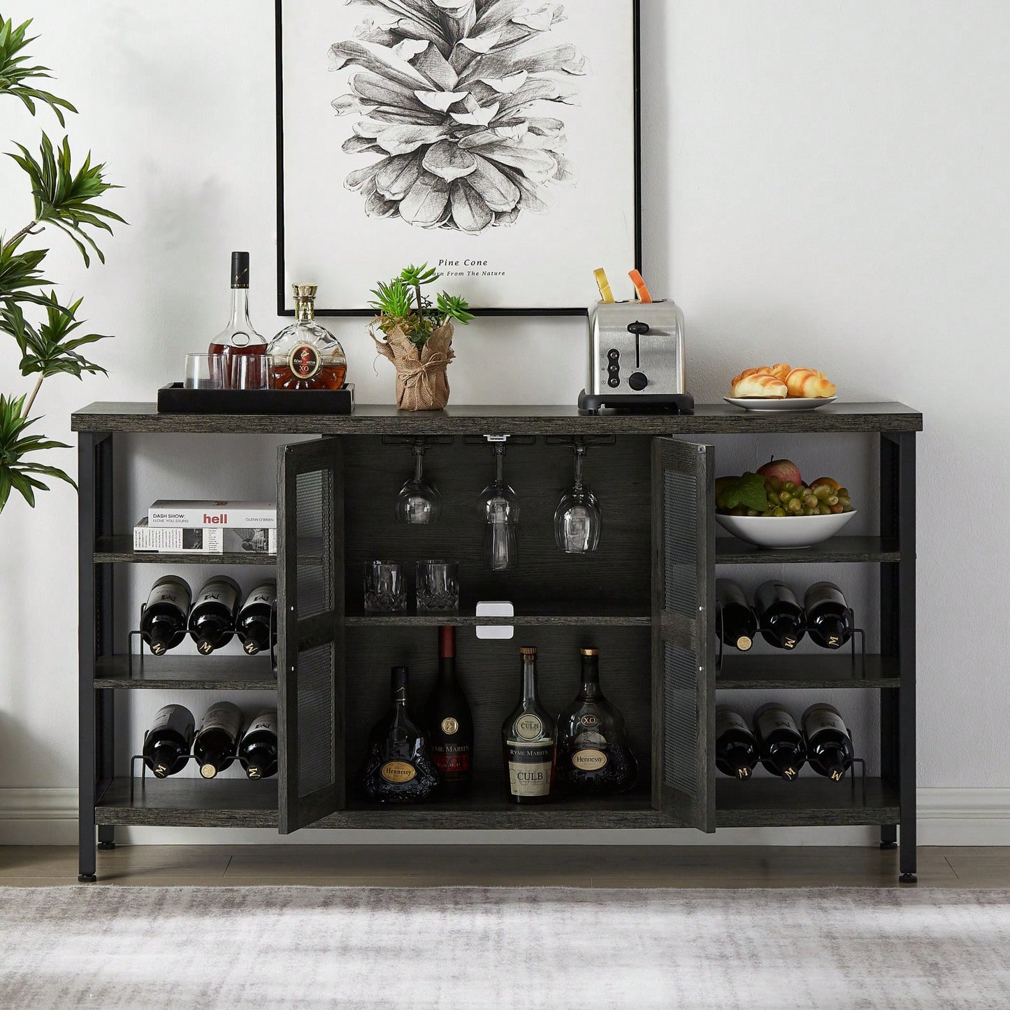 Industrial Wine Bar Cabinet, Liquor Storage Credenza, Sideboard With Wine Racks & Stemware Holder