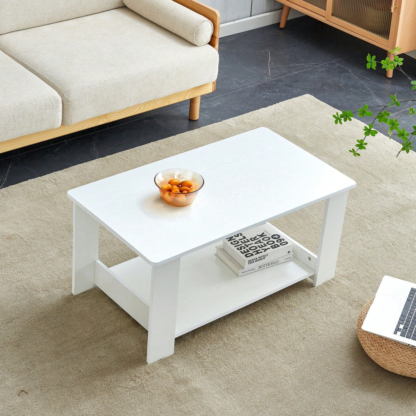 Industrial Style Modern White Double Layer Coffee Table for Living Room Bedroom Study Easy to Clean Space Saving MDF CT-16
