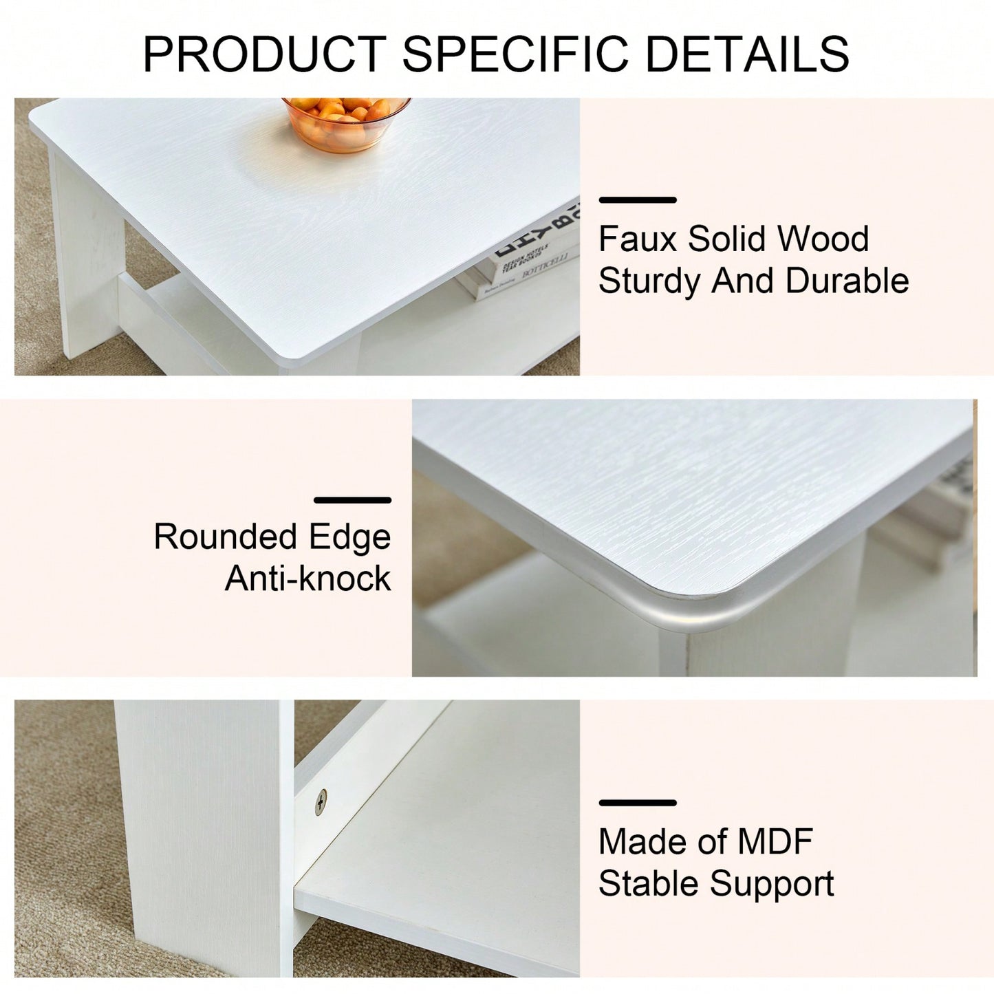 Industrial Style Modern White Double Layer Coffee Table for Living Room Bedroom Study Easy to Clean Space Saving MDF CT-16