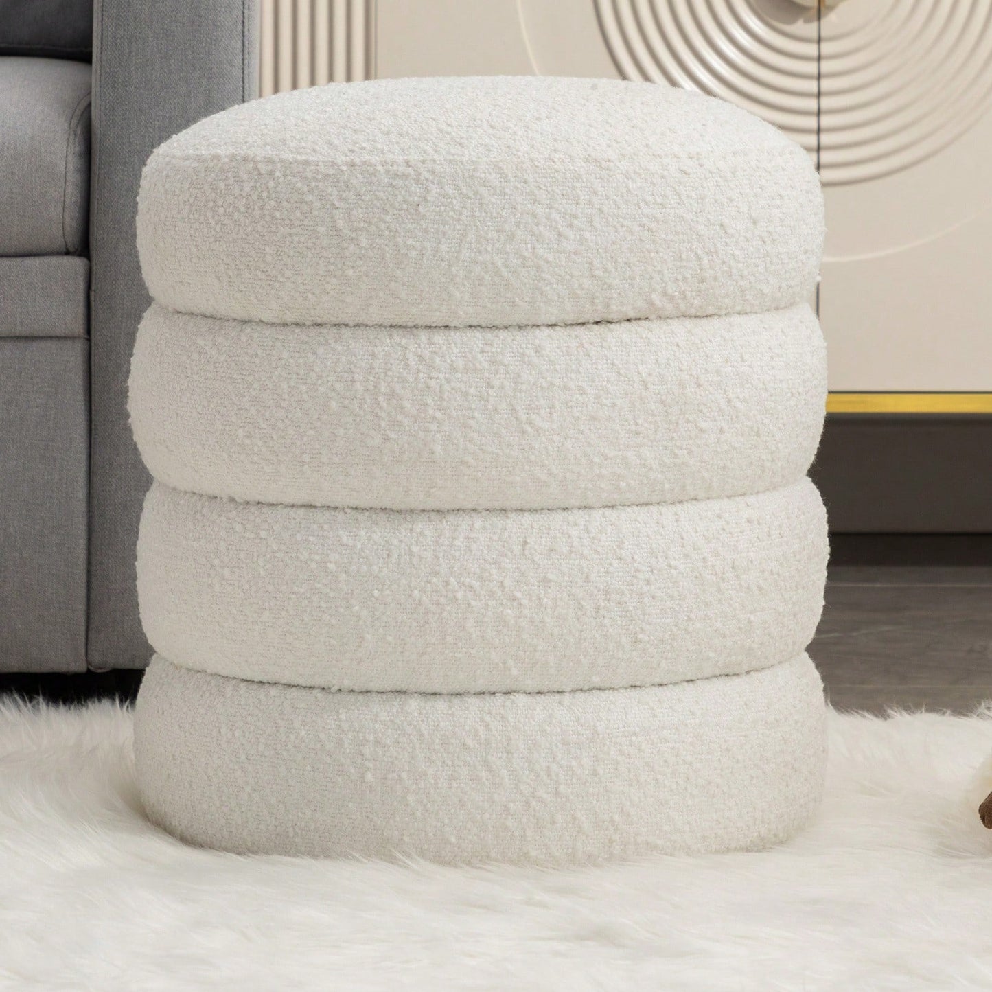 Soft White Boucle Ottoman Footrest Stool for Living Room Foam Filled Wooden Frame 16.93 x 16.93 x 18.5 No Assembly Required