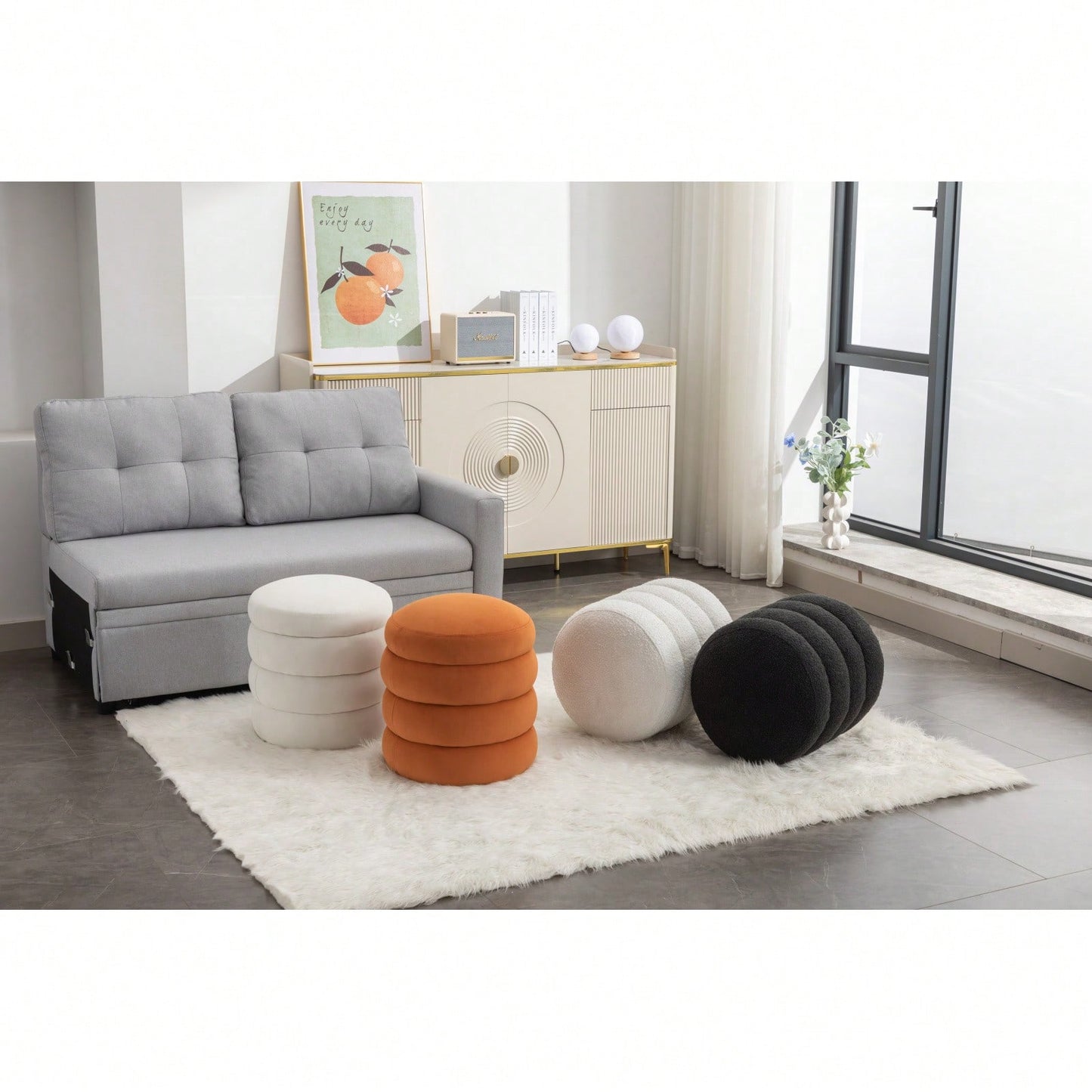 Soft White Boucle Ottoman Footrest Stool for Living Room Foam Filled Wooden Frame 16.93 x 16.93 x 18.5 No Assembly Required