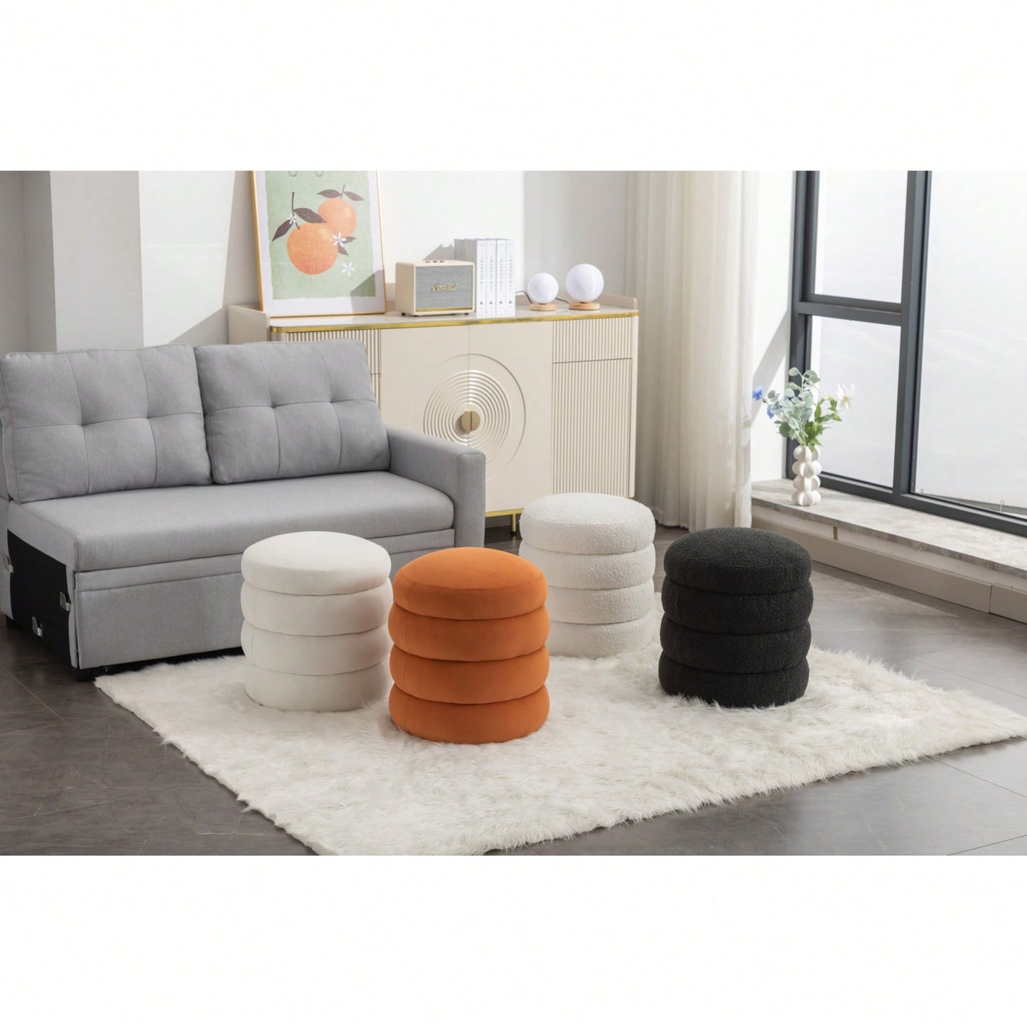 Soft White Boucle Ottoman Footrest Stool for Living Room Foam Filled Wooden Frame 16.93 x 16.93 x 18.5 No Assembly Required
