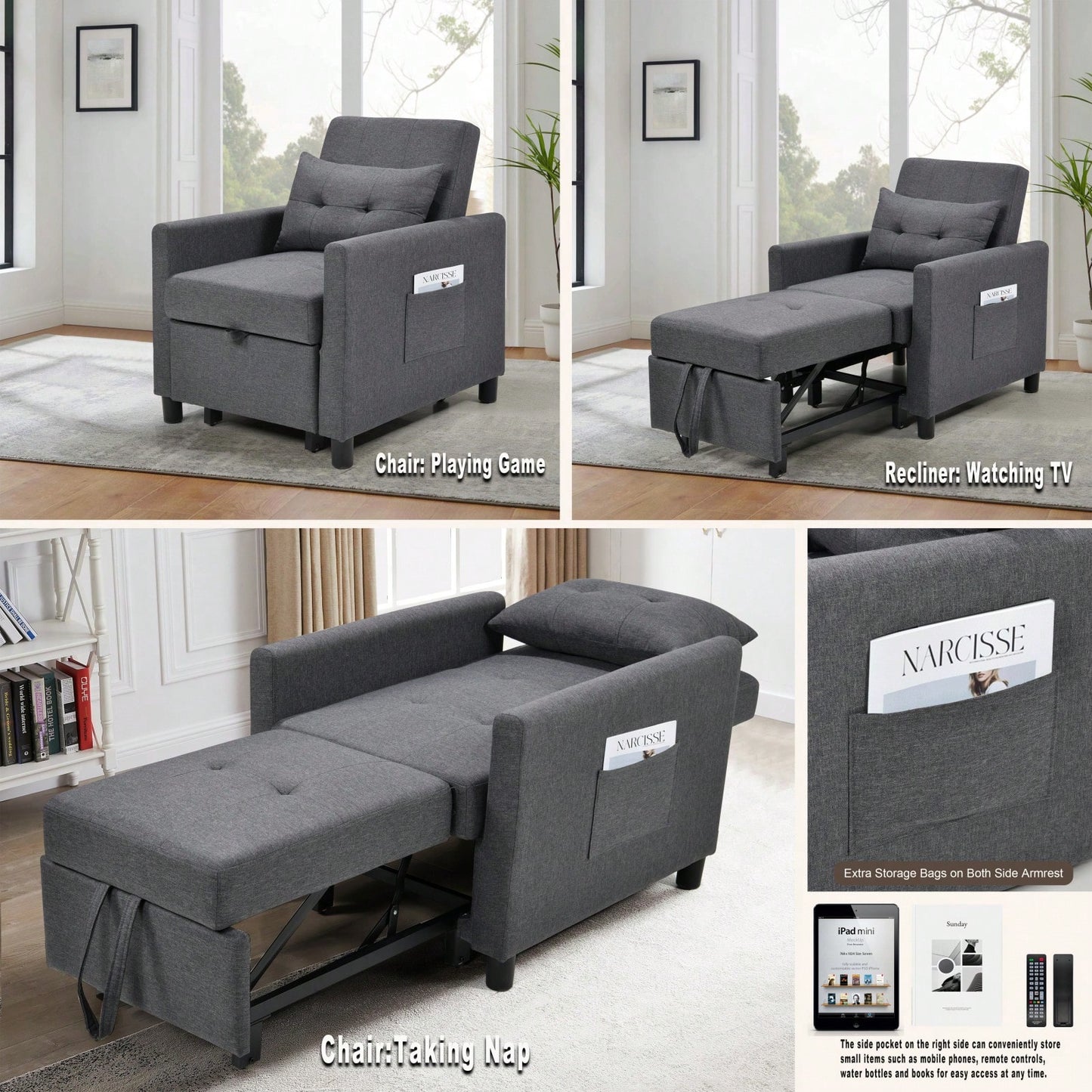 3-in-1 Convertible Futon Sofa Bed with Adjustable Backrest and Storage Pocket, High-Density Foam Chair for Living Room