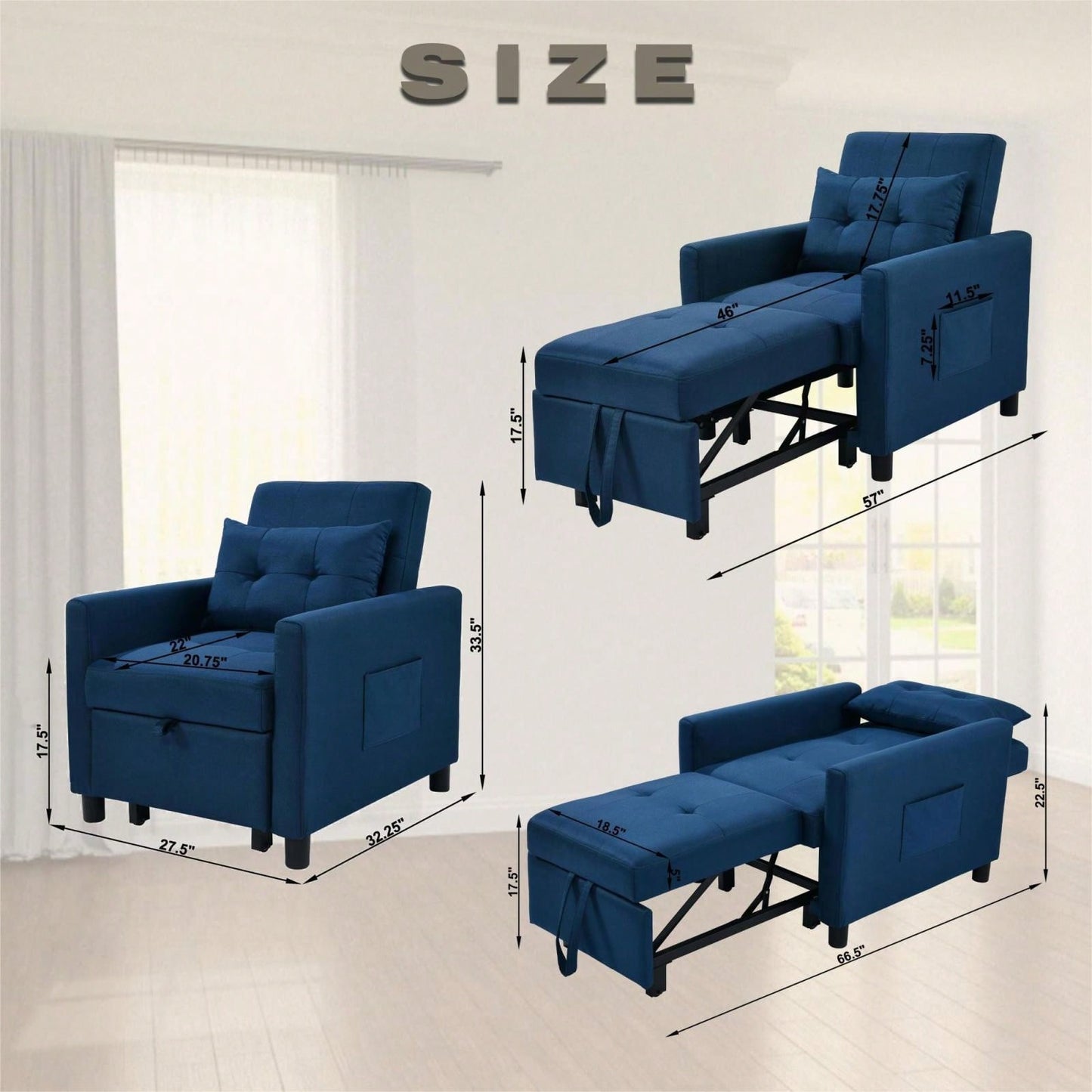 3-in-1 Convertible Futon Sofa Bed with Adjustable Backrest and Storage Pocket, High-Density Foam Chair for Living Room