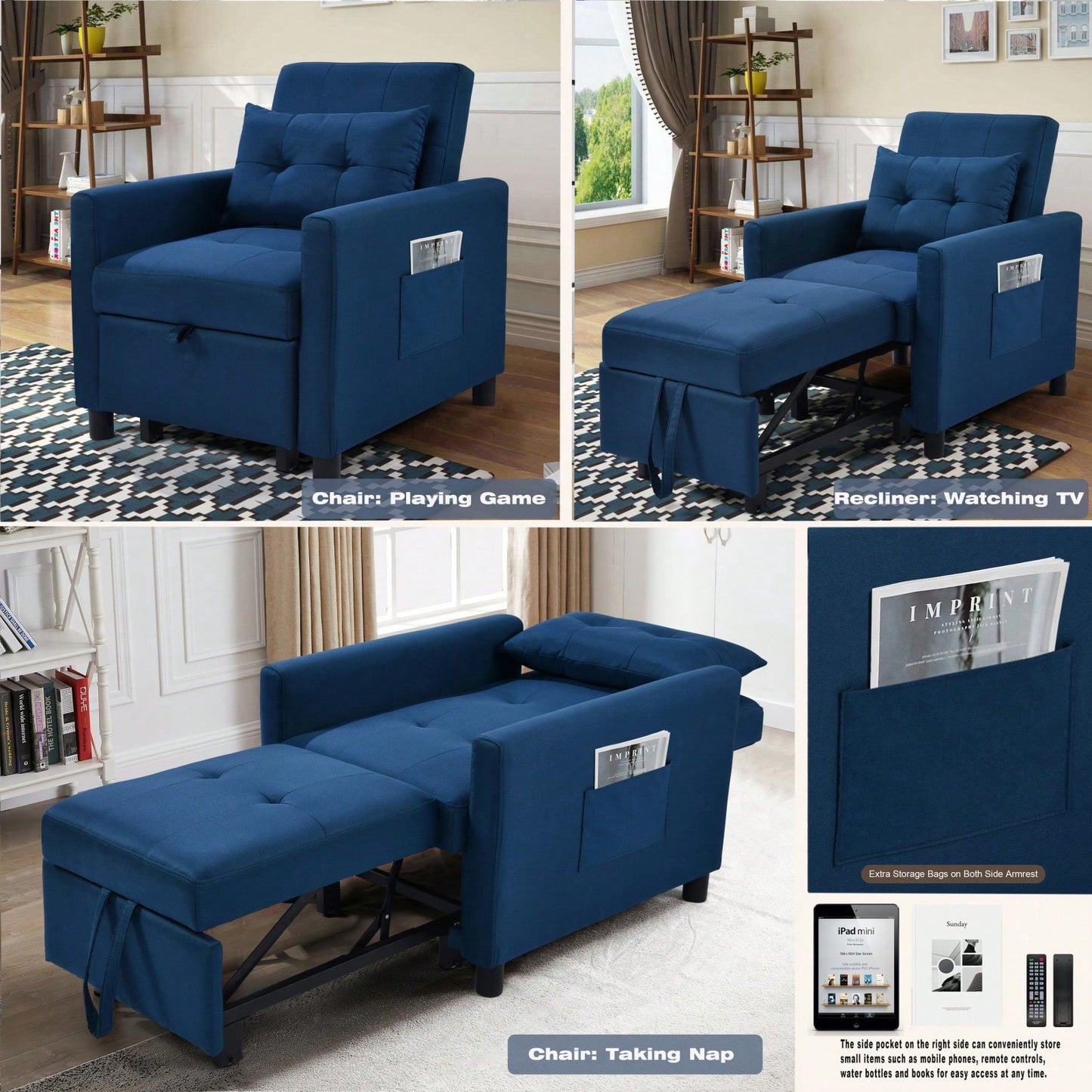 3-in-1 Convertible Futon Sofa Bed with Adjustable Backrest and Storage Pocket, High-Density Foam Chair for Living Room