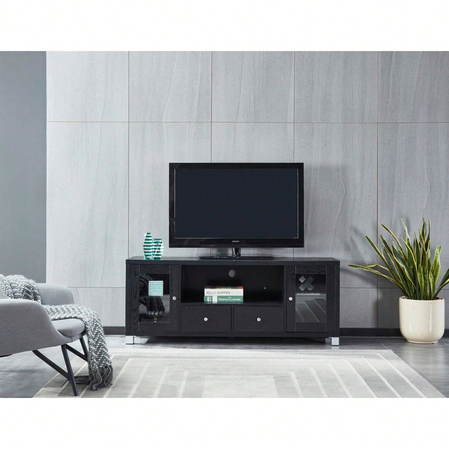 Black Wood Grain Media Console TV Stand with Storage Cabinet and Tempered Glass Door for Living Room and Bedroom