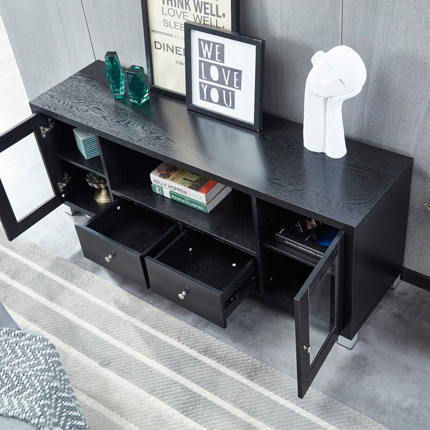 Black Wood Grain Media Console TV Stand with Storage Cabinet and Tempered Glass Door for Living Room and Bedroom