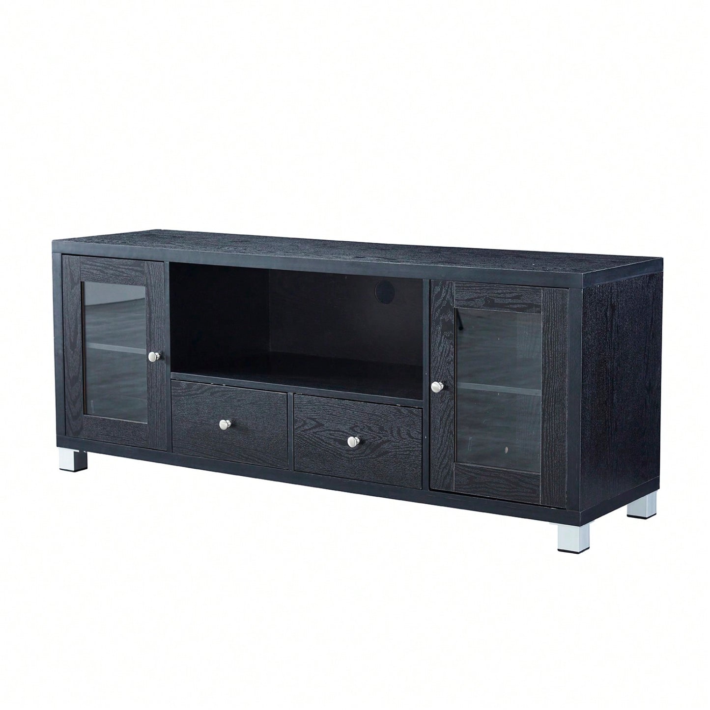 Black Wood Grain Media Console TV Stand with Storage Cabinet and Tempered Glass Door for Living Room and Bedroom