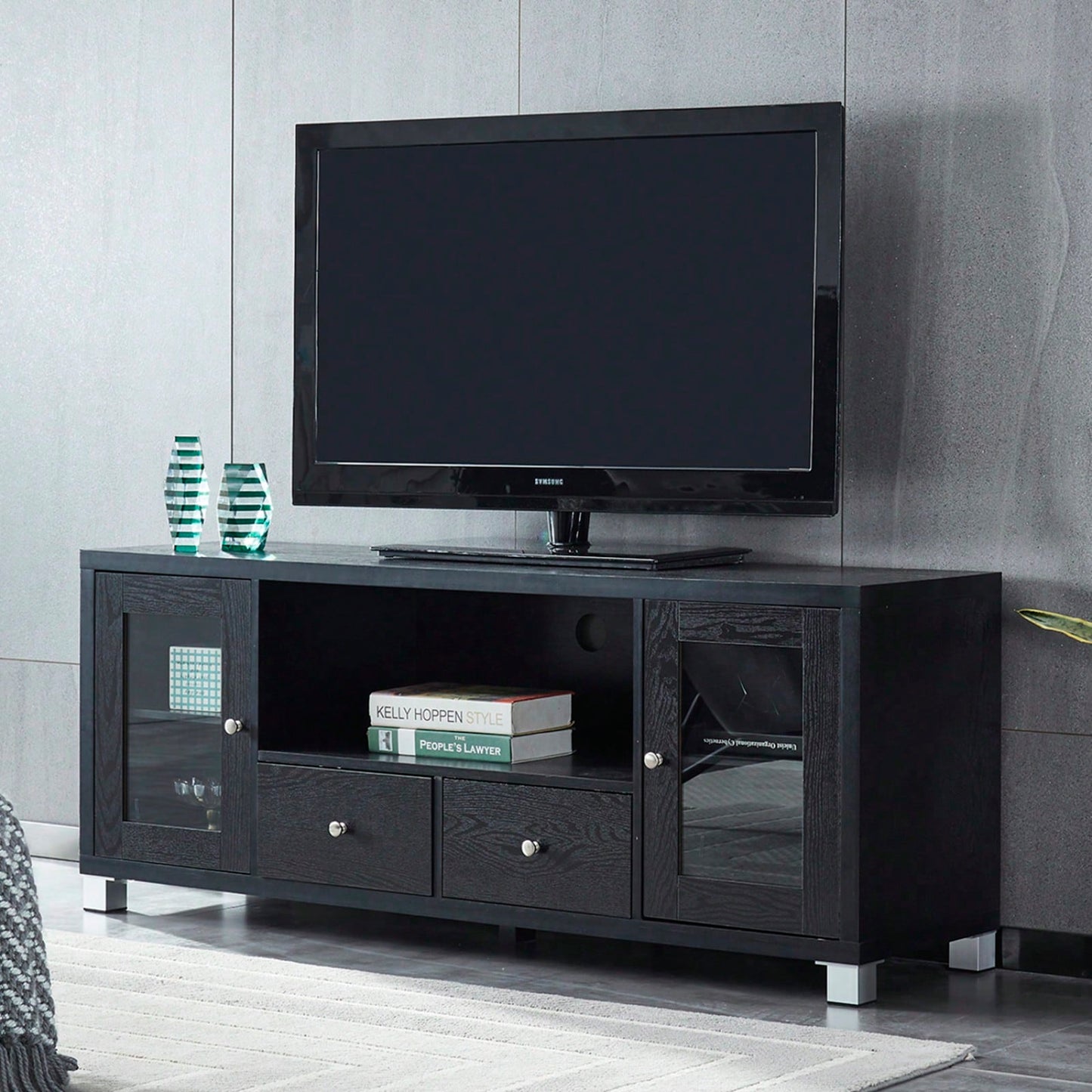 Black Wood Grain Media Console TV Stand with Storage Cabinet and Tempered Glass Door for Living Room and Bedroom