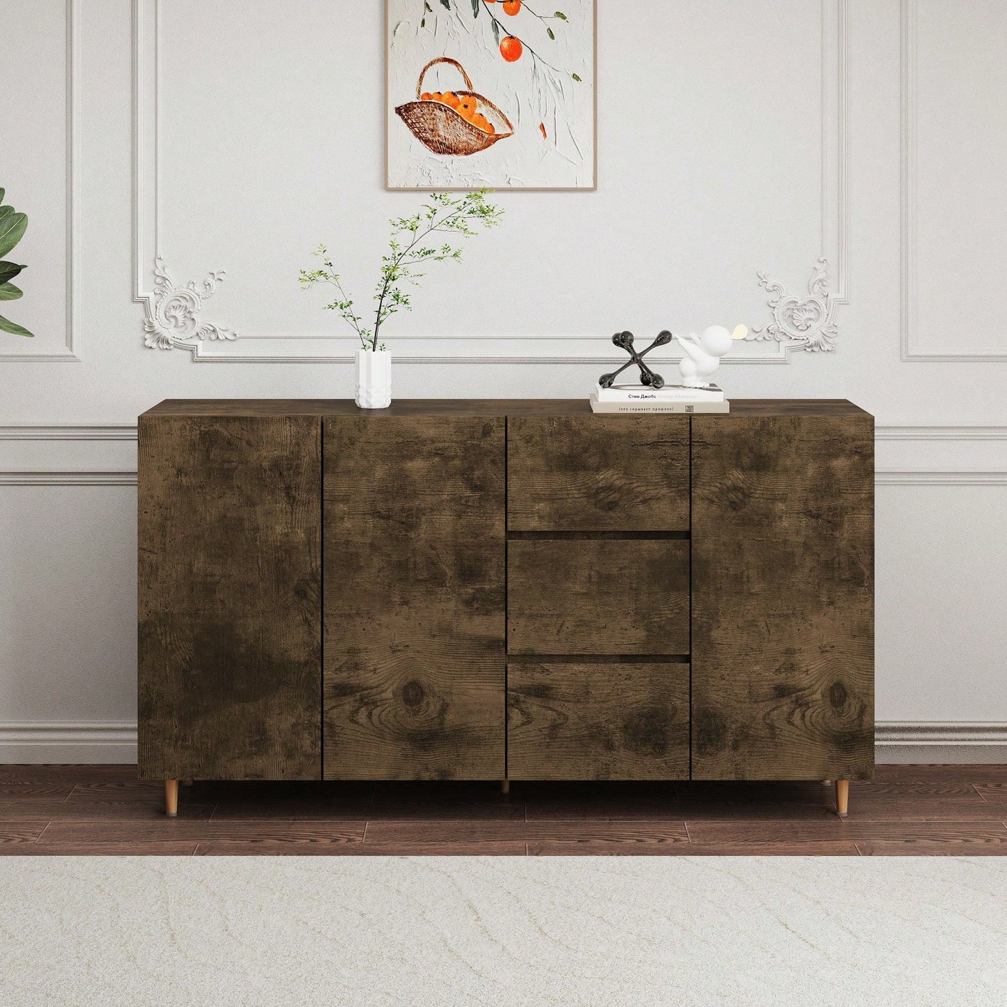 Sideboard Storage Cabinet With 4 Doors And 3 Drawers, White MDF Display Cabinet For Dining Room And Living Room