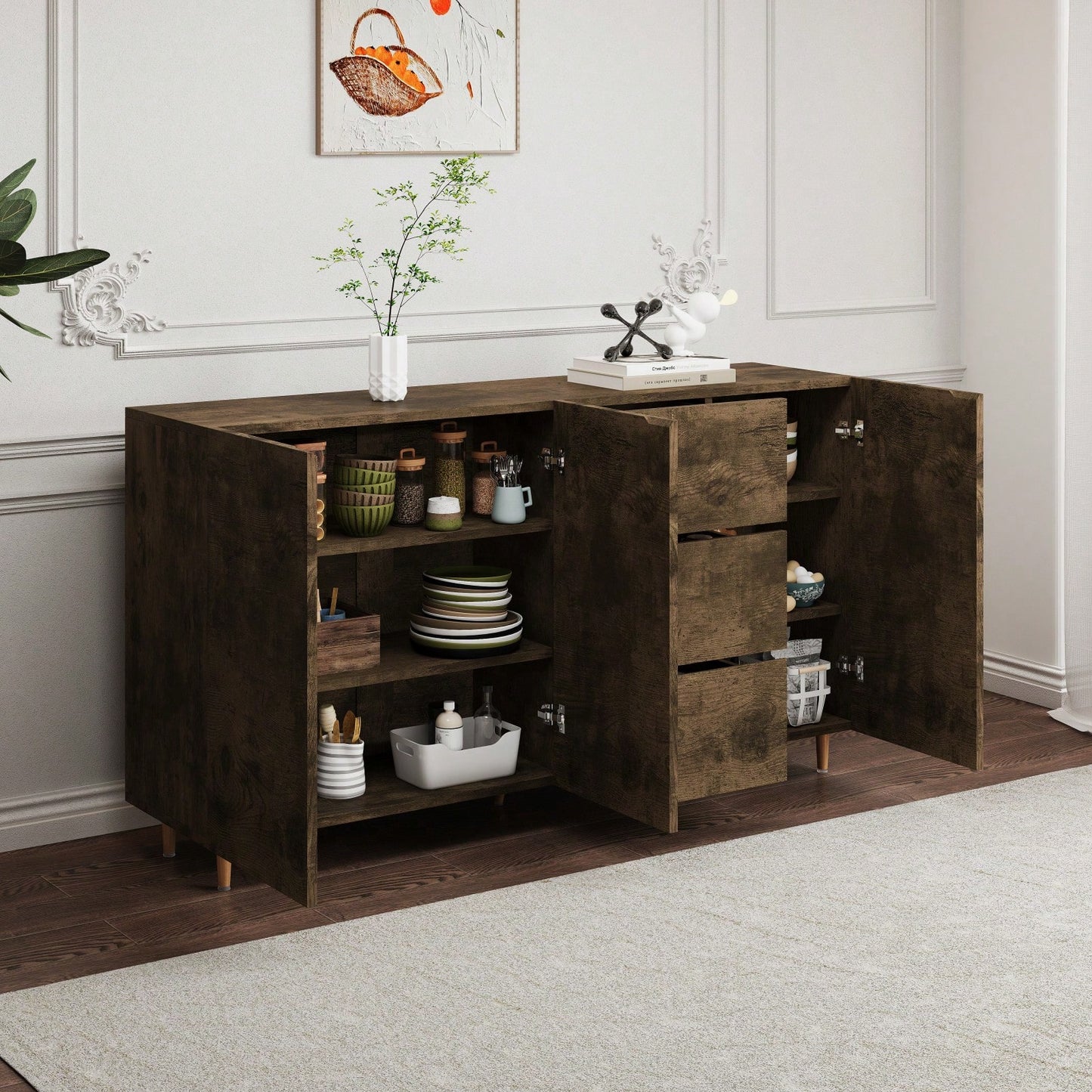 Sideboard Storage Cabinet With 4 Doors And 3 Drawers, White MDF Display Cabinet For Dining Room And Living Room