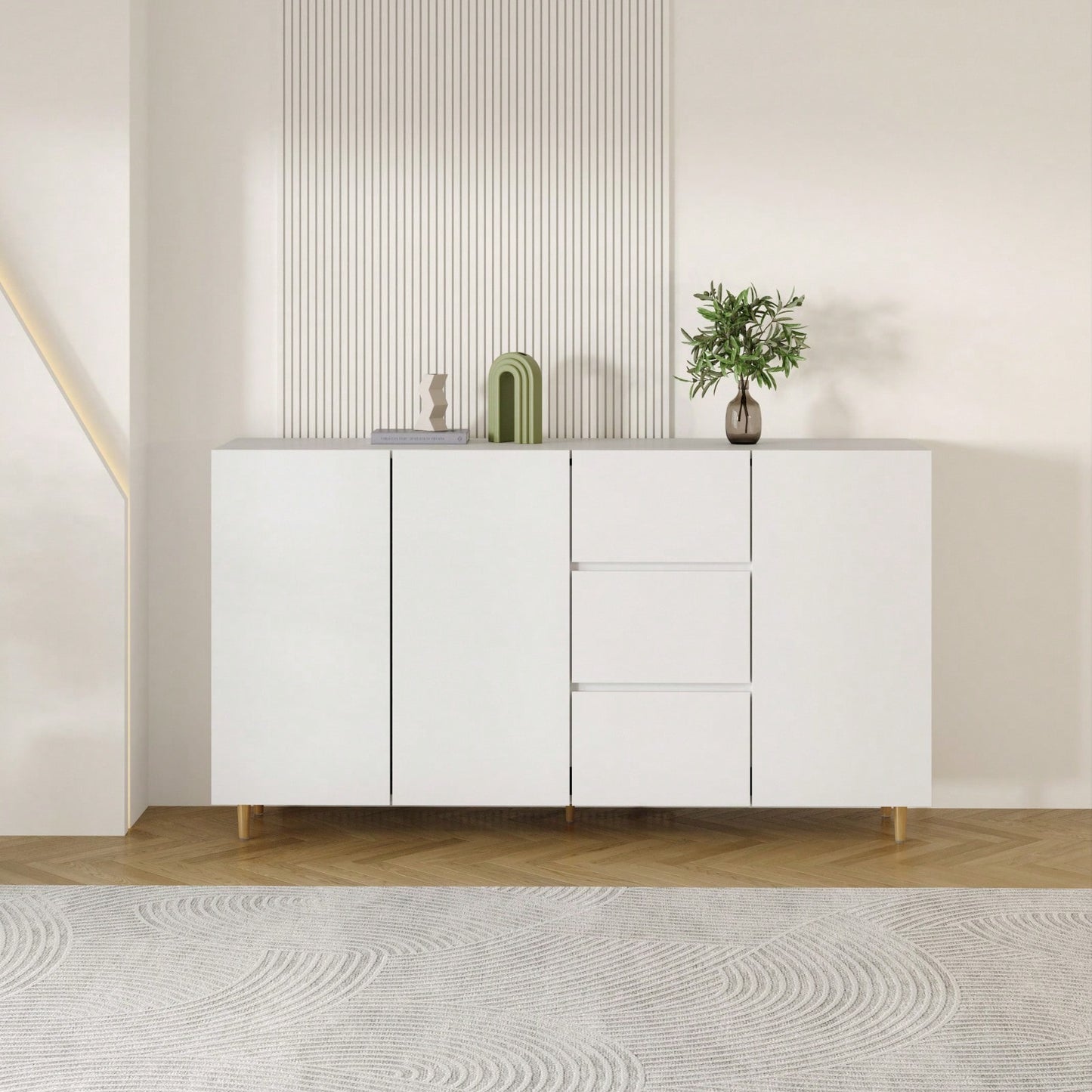 Sideboard Storage Cabinet With 4 Doors And 3 Drawers, White MDF Display Cabinet For Dining Room And Living Room