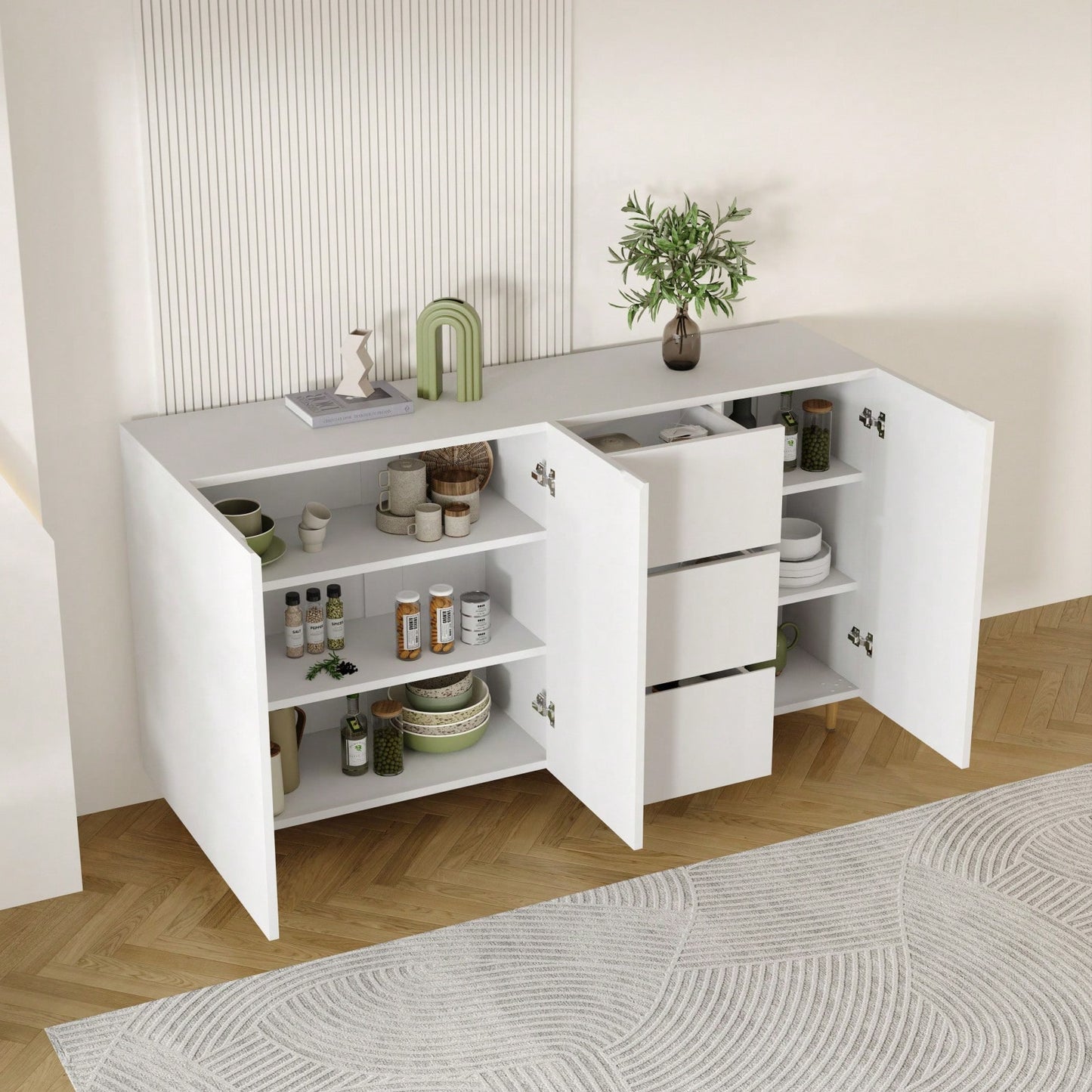 Sideboard Storage Cabinet With 4 Doors And 3 Drawers, White MDF Display Cabinet For Dining Room And Living Room