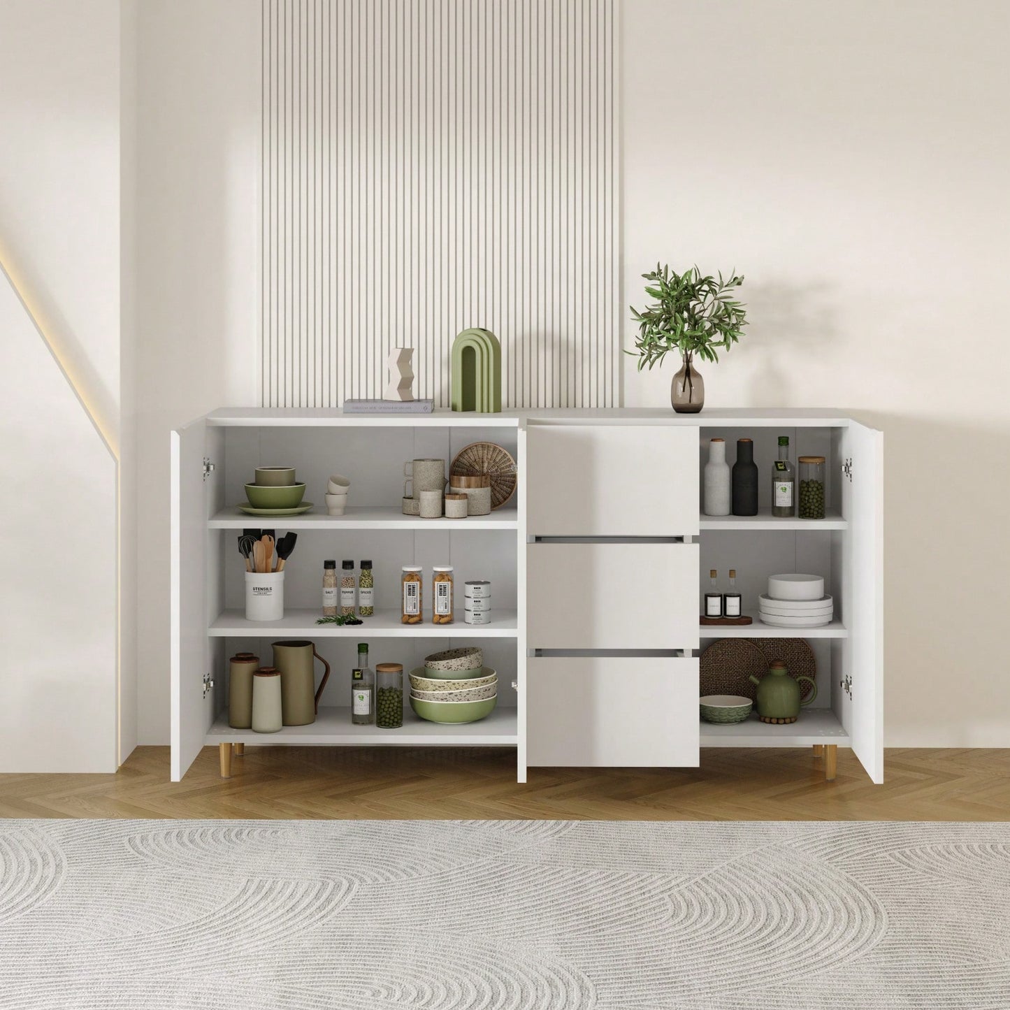 Sideboard Storage Cabinet With 4 Doors And 3 Drawers, White MDF Display Cabinet For Dining Room And Living Room