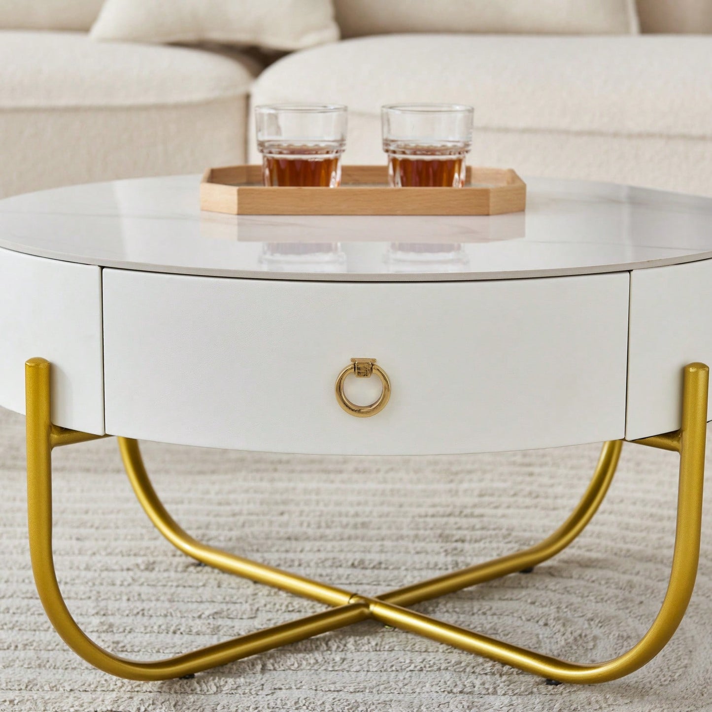 Round Marble Nesting Tables Set of 2 Stacking Coffee End Tables with Metal Frame for Living Room Bedroom