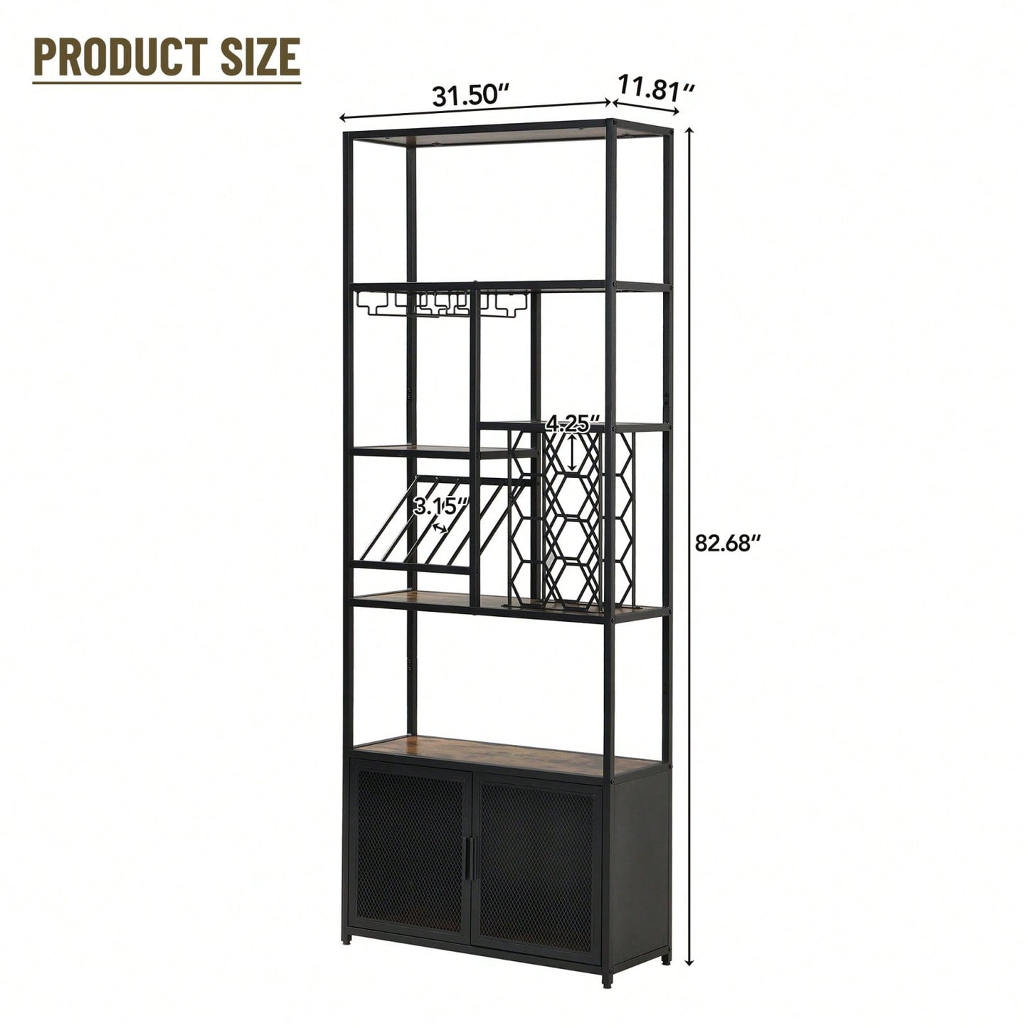 82.7" Industrial Standing Wine Rack With Glass Rack Tall Freestanding Floor Bar Cabinet