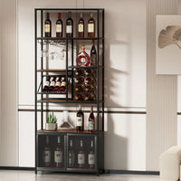 82.7" Industrial Standing Wine Rack With Glass Rack Tall Freestanding Floor Bar Cabinet