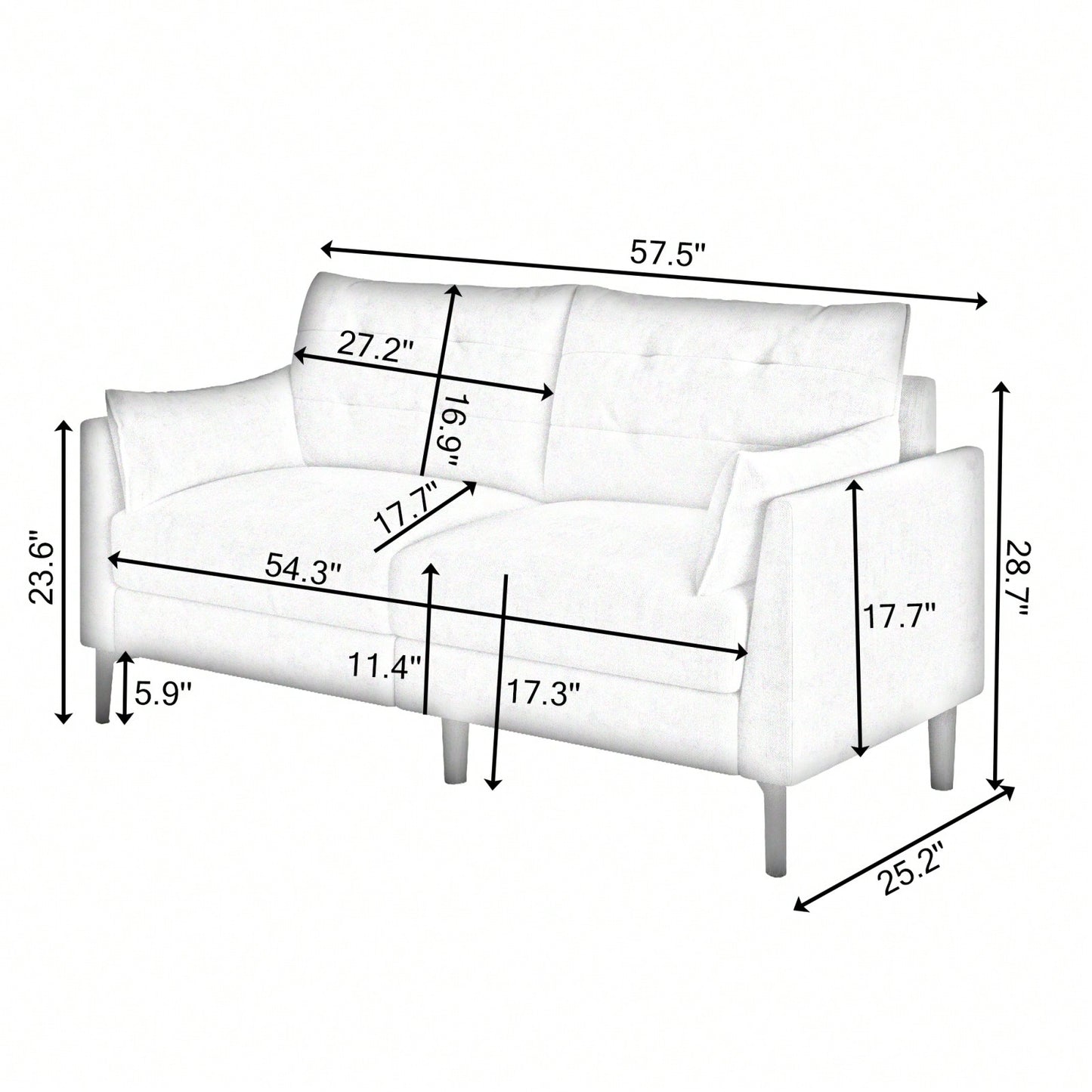 Cotton Linen Love Seat With Thick Cushion And Metal Feet - Comfortable Sofa For Two