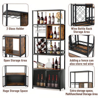 Industrial Tall Bar Cabinet with Wine Rack and Glass Holder Rustic Brown and Black Metal Home Storage Furniture