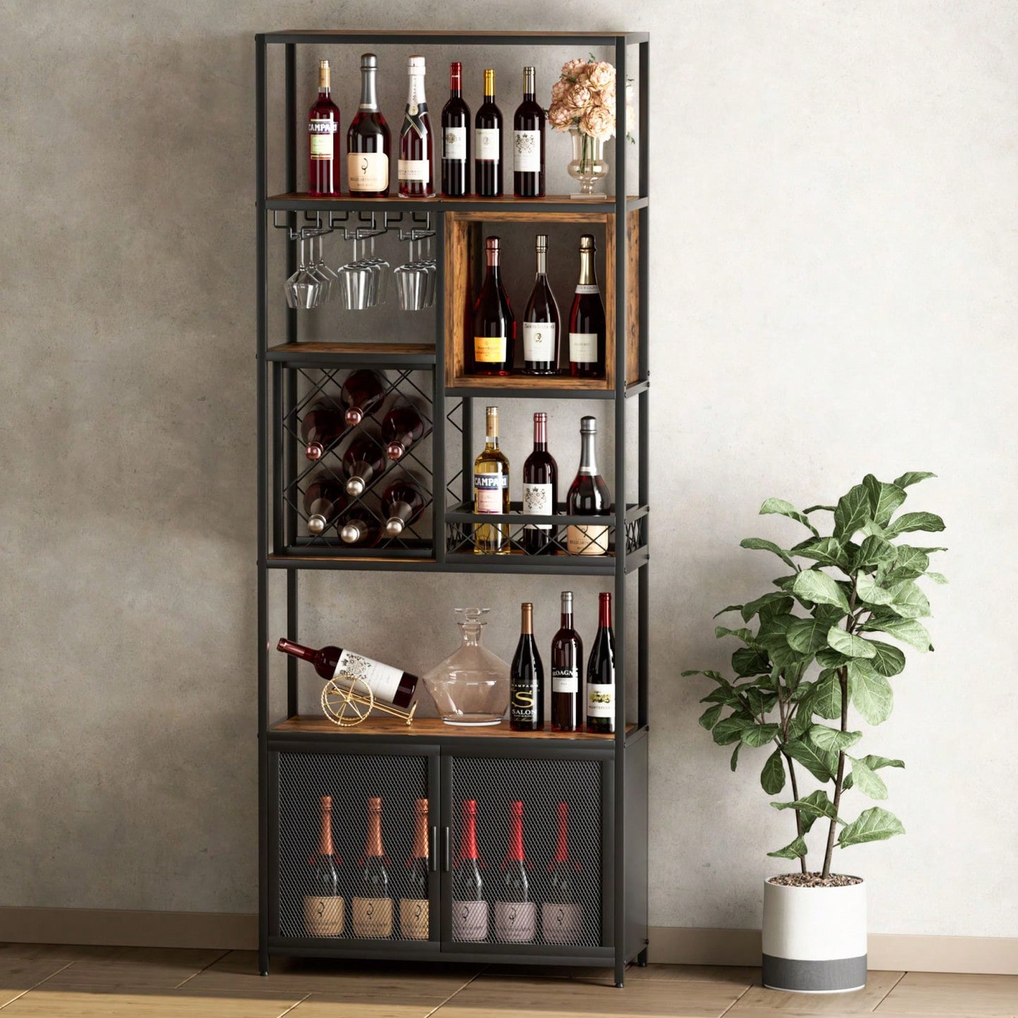 Industrial Tall Bar Cabinet with Wine Rack and Glass Holder Rustic Brown and Black Metal Home Storage Furniture