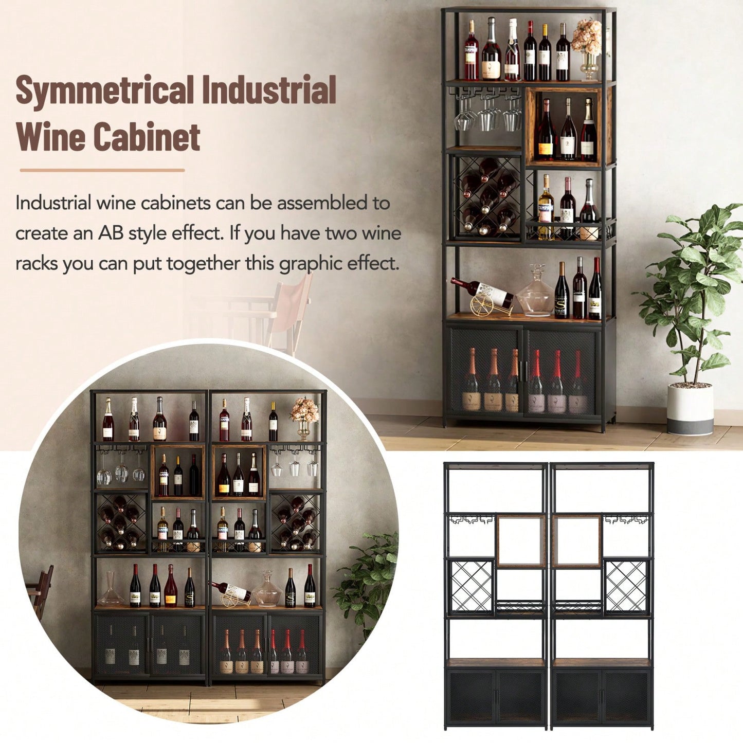 Industrial Tall Bar Cabinet with Wine Rack and Glass Holder Rustic Brown and Black Metal Home Storage Furniture