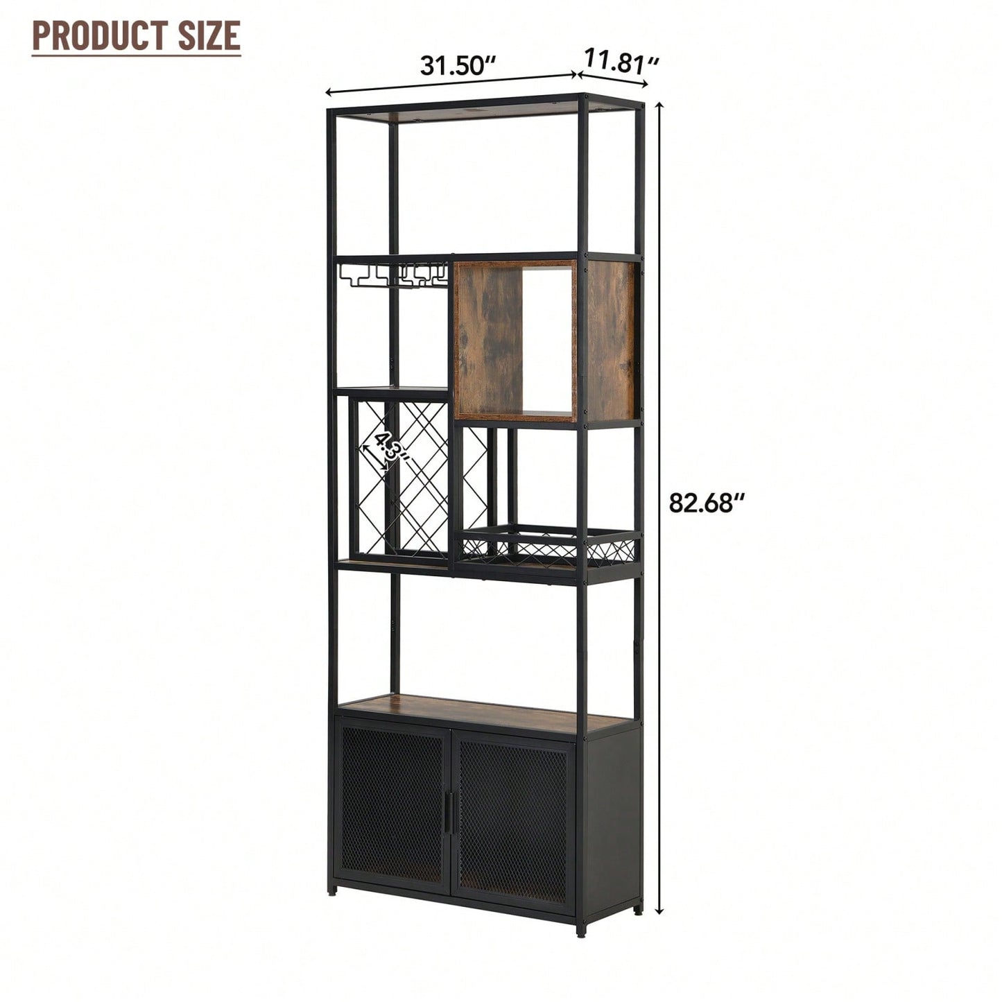 Industrial Tall Bar Cabinet with Wine Rack and Glass Holder Rustic Brown and Black Metal Home Storage Furniture