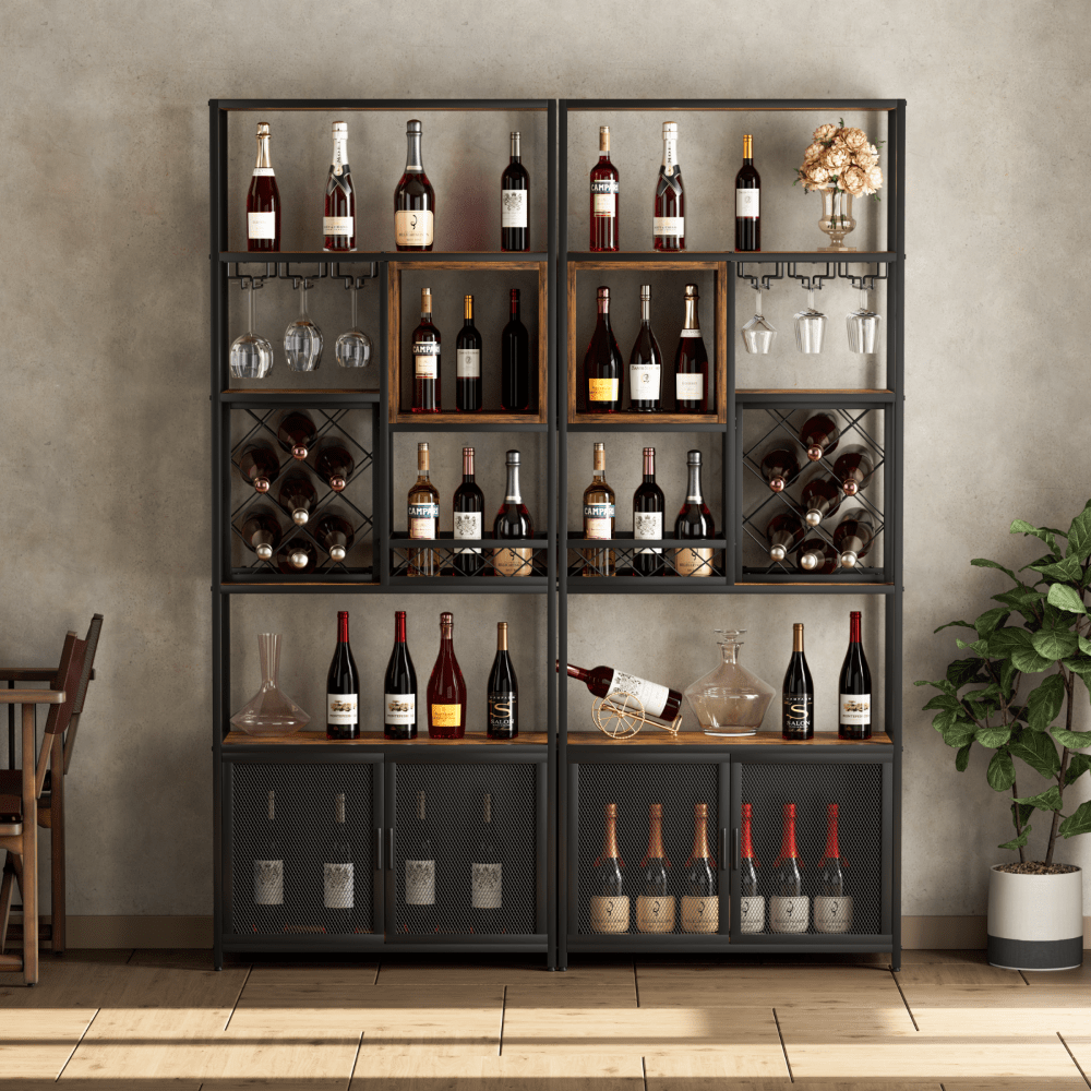 Industrial Tall Bar Cabinet with Wine Rack and Glass Holder Rustic Brown and Black Metal Home Storage Furniture