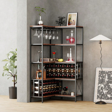 Corner Wine Rack Bar Cabinet, Industrial Freestanding Floor Bar Cabinets For Liquor And Glasses Storage For Home Kitchen