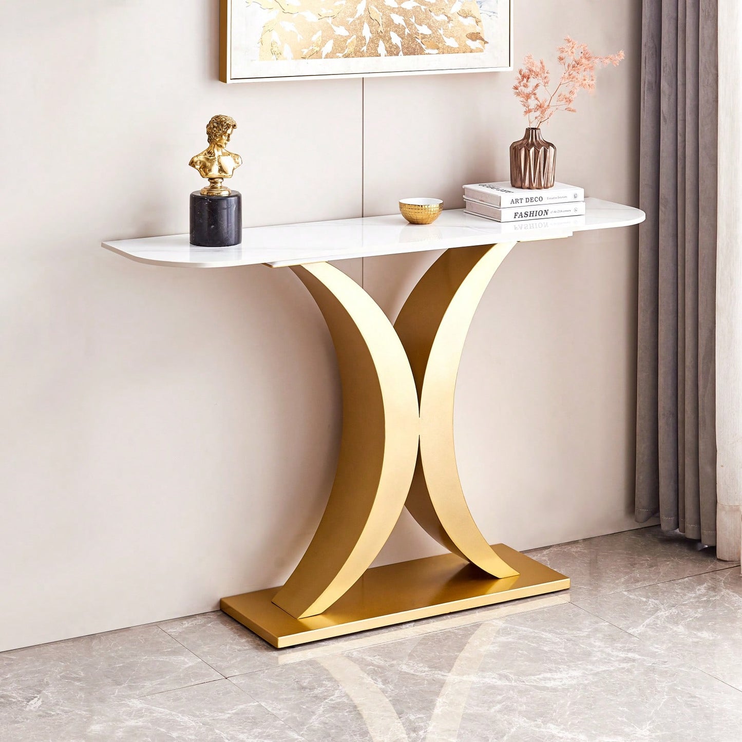 Elegant 47 Inch Modern Console Table with Sintered Stone Top and Adjustable Feet for Living Room Office Entryway
