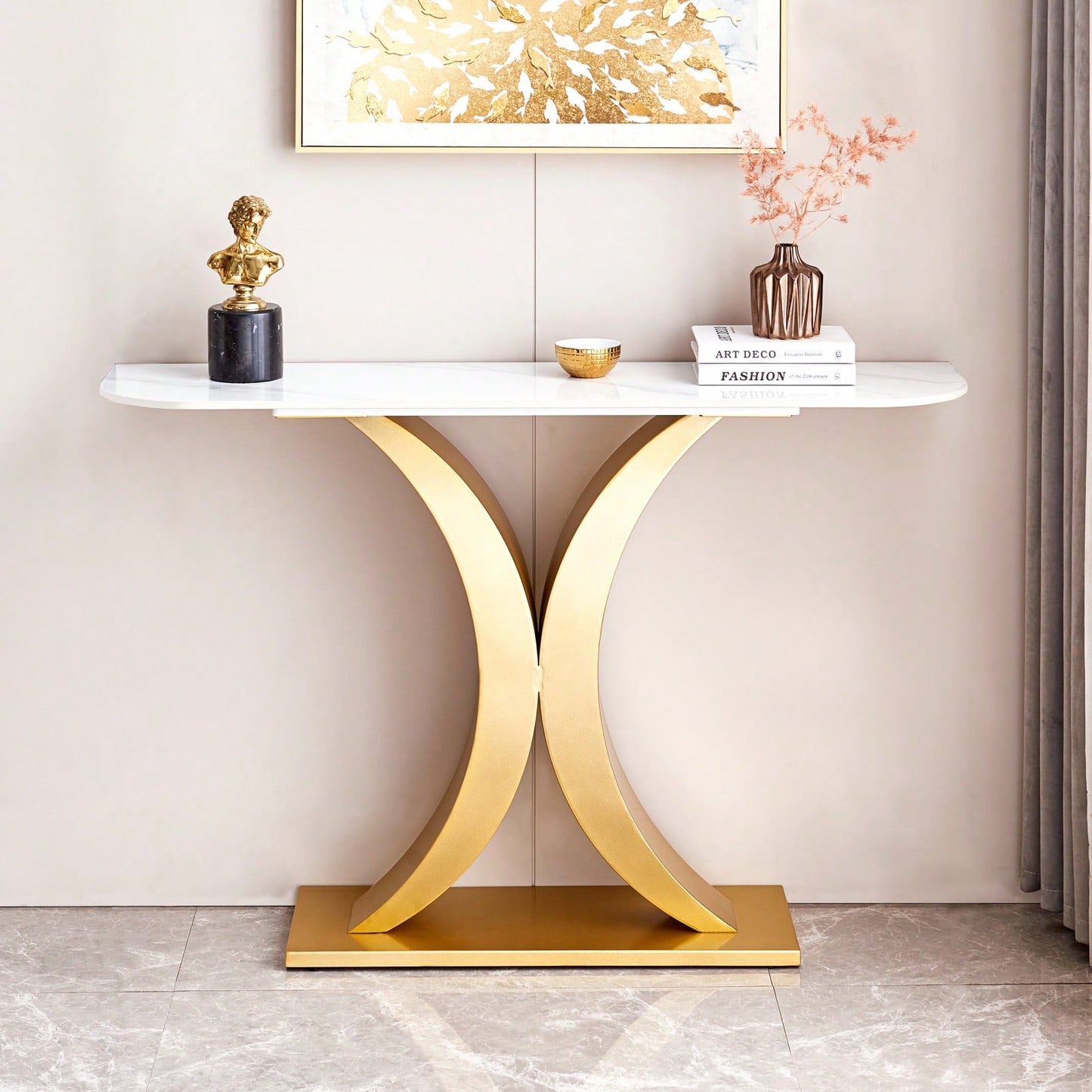 Elegant 47 Inch Modern Console Table with Sintered Stone Top and Adjustable Feet for Living Room Office Entryway