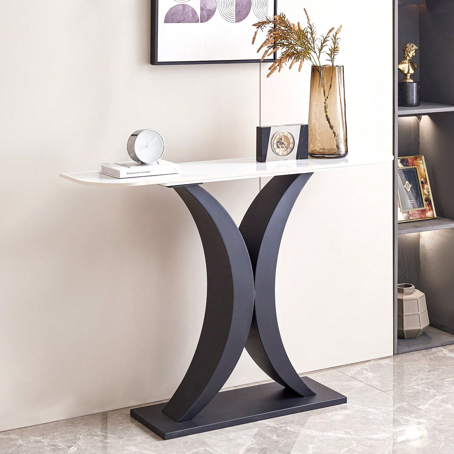 Elegant 47 Inch Modern Console Table with Sintered Stone Top and Adjustable Feet for Living Room Office Entryway